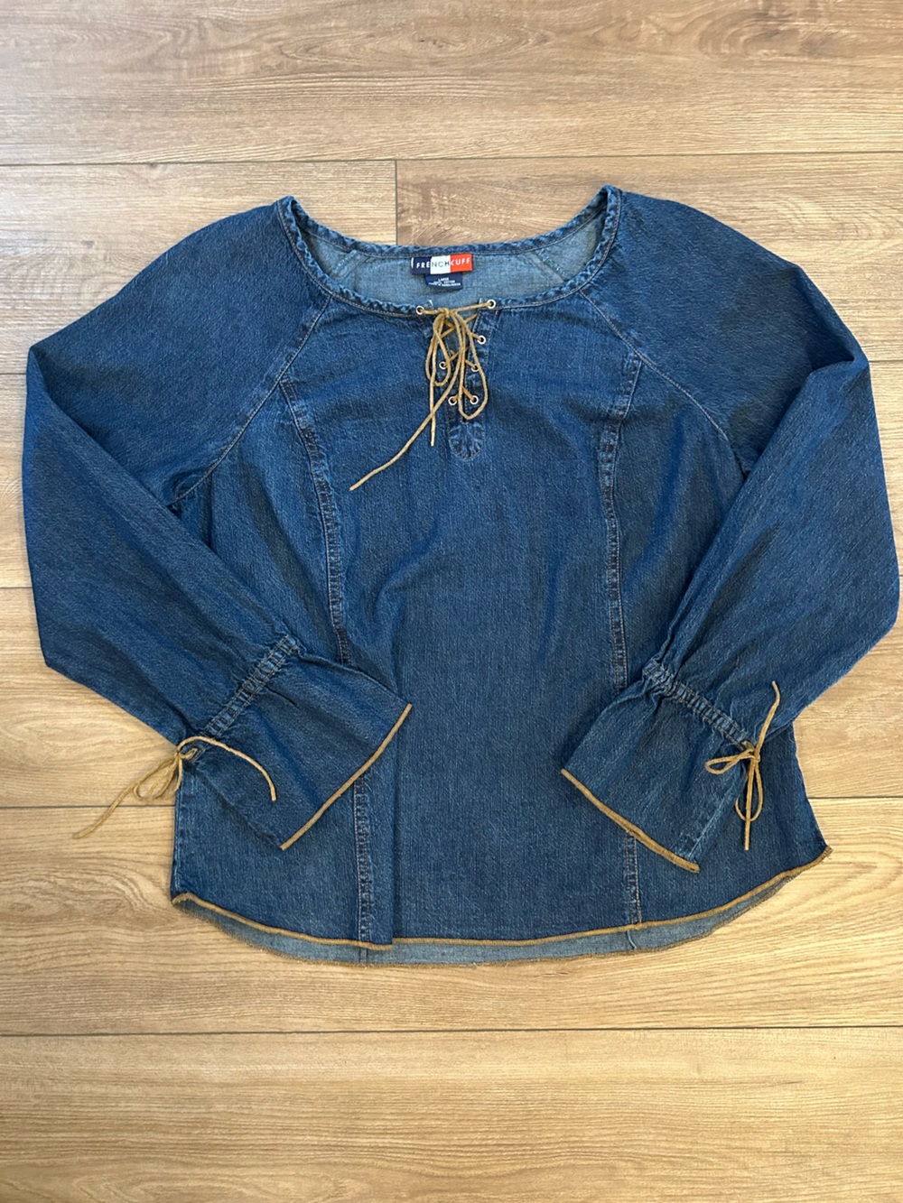 French Cuff Denim Lace Up Bell Sleeve Western Boho Top L